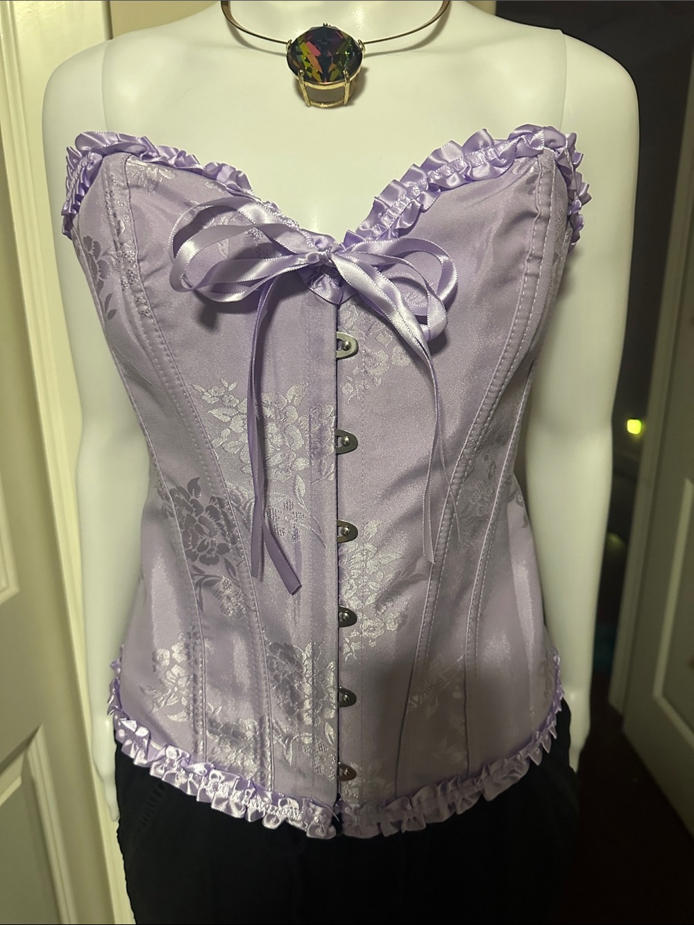 Pastel Lilac Floral Jacquard Overbust Corset Bustier Top - Size M EUC